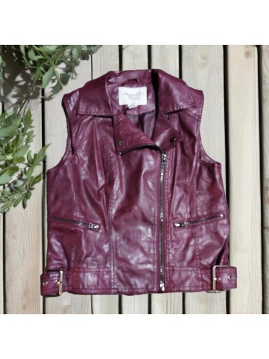 American Rag Tops - American Rag Cie Full Zip Burgendy Flux Leather Moto Gillet Biker Vest Size M